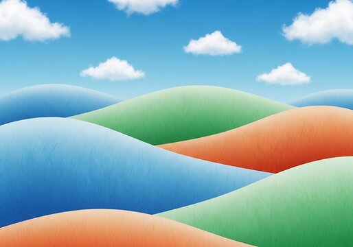 Vibrant rolling hills under a bright blue sky with fluffy clouds