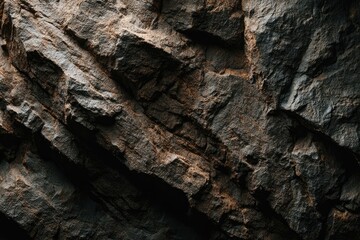 Close-up view of rugged, dark stone texture with varied shades of brown and gray