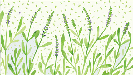 Watercolor illustration of lavender plants with green leaves against a light green background