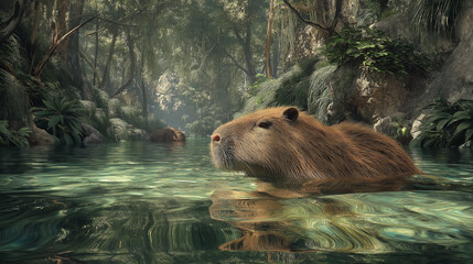 Funny Capybara Animal Art Swimming in Tranquil River Jungle Scene