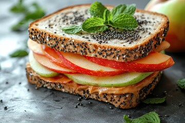Delicious Apple Peanut Butter Sandwich with Seeds and Mint