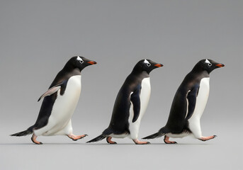 Obraz premium A procession of three Gentoo penguins walking in a uniform line, symbolizing teamwork, order, and following a leader.