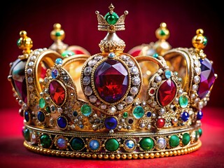 Fototapeta premium Closeup of a golden crown adorned with colorful gemstones, a symbol of royalty and power