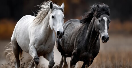 Currently, three horses are swiftly running down a dirt road