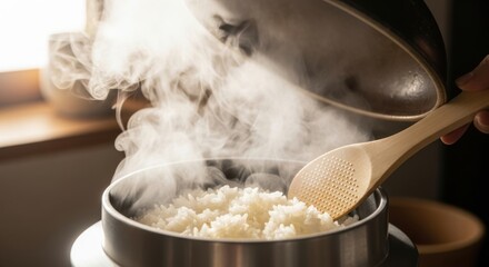 Close-up of white rice cooked in a pot/釜でふっくら炊き上がった白ご飯のクローズアップ