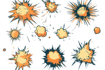 Dynamic comic style explosion bubbles illustrating various explosive effects suitable for action sequences in storytelling or graphic designs