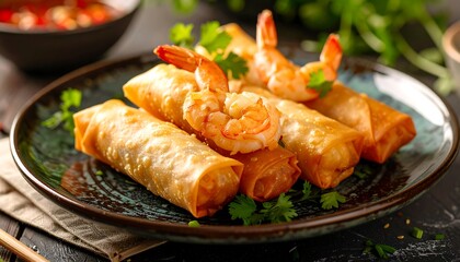 Delicious Crispy Shrimp Spring Rolls on Plate with Sauce with Asian Cuisine.