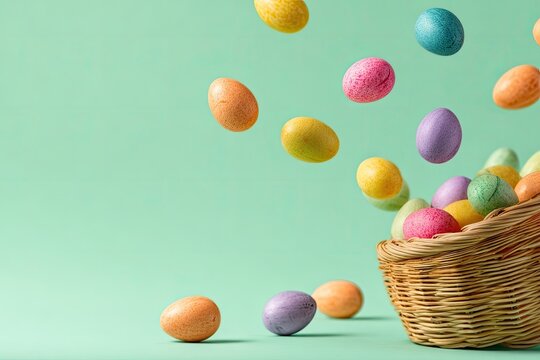 Colorful Easter eggs in flight, descending into a light brown wicker basket against a mint green background
