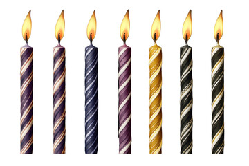 Brightly lit colorful birthday candles with striped designs create a festive atmosphere for celebrating special occasions at evening gatherings
