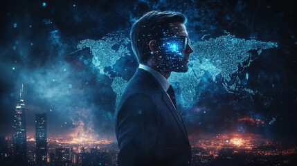 Fototapeta premium Ambitious globalism concept featuring a businessman silhouette against a digital world map, symbolizing future trends, connectivity, and international collaboration.