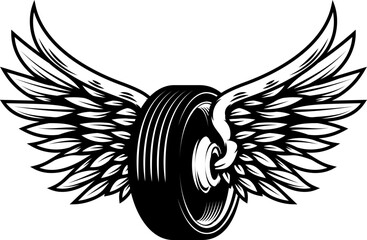 Motorcycle wheel with wings isolated on white background. Design elements for logo, label, emblem,sign. Vector illustration