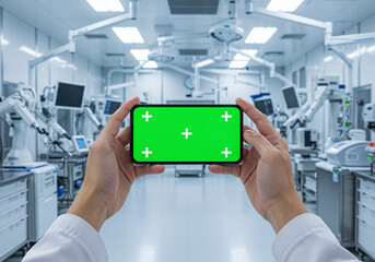 Doctor Holding Green Screen Phone in Advanced Medical Facility