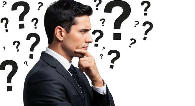 A man in a suit thoughtfully gazes into the distance, surrounded by a cloud of black question marks, suggesting contemplation and uncertainty.