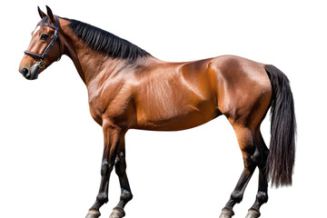 Naklejka premium Brown horse standing isolated on a transparent background, showcasing strong muscles and sleek coat with a glossy finish, perfect for equestrian illustrations