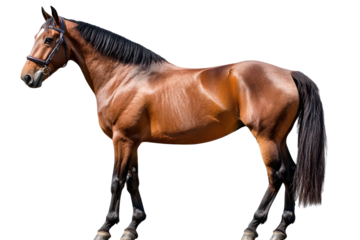 Brown horse standing isolated on a transparent background, showcasing strong muscles and sleek coat with a glossy finish, perfect for equestrian illustrations