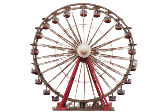 Portrait of a Ferris wheel against a clear background showcasing its colorful gondolas and intricate design, highlighting a classic amusement park attraction