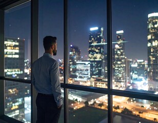 Obraz na płótnie Canvas Man in business attire gazes at a glittering cityscape at night from a large window