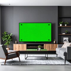 Modern living room with green screen TV, wooden furniture, and plants