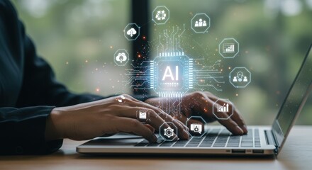 Person using laptop with ai technology and digital icons