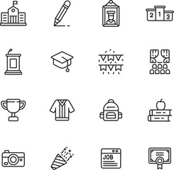 Graduation and Education Line Icons Set – School, Ceremony, Awards, Career, and Celebration Symbols