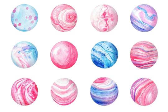 Colorful watercolor bundle of hand painted round shapes featuring vibrant swirls and patterns, showcasing a harmonious blend of pinks, blues, and soft pastels for artistic inspiration