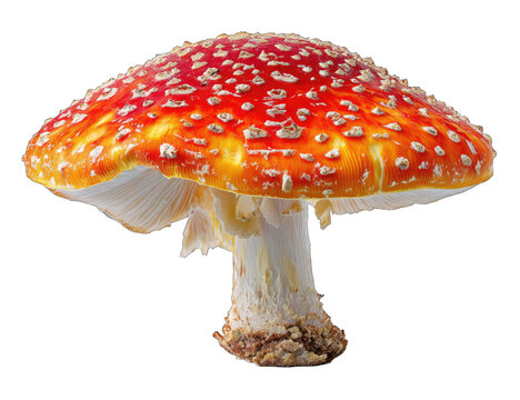 Close-up of a vibrant red and yellow mushroom with speckled cap