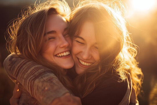 Two friends hugging outdoors with sunlight