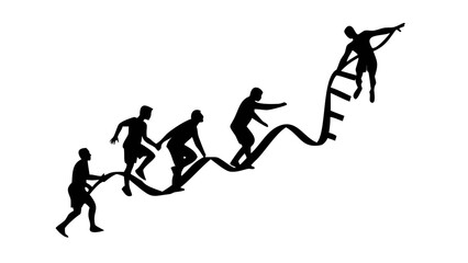 Obraz premium Silhouette of human climbing ladder to reach success: A conceptual silhouette, where human figures collaborate to ascend a ladder of DNA, symbolizing aspiration and shared attainment