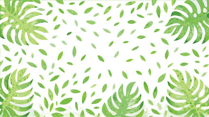 Watercolor monstera leaves and small green leaves scattered on a white background create a fresh design