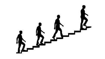 Stairway to Success: Silhouetted figures ascend a flight of stairs, symbolizing progress, ambition, and the journey towards achieving goals in a stark, graphic representation.