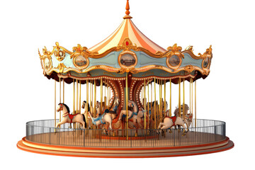 Colorful carousel spinning gracefully with beautifully crafted horses on a transparent background showcasing a joyful amusement park attraction