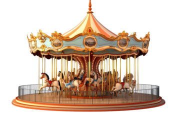 Colorful carousel spinning gracefully with beautifully crafted horses on a transparent background showcasing a joyful amusement park attraction