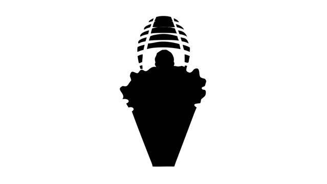 Abstract Microphone Silhouette: An abstract, bold silhouette of a microphone in black and the top looks like egg and the bottom like an ice cream, which may represent broadcasting or media.