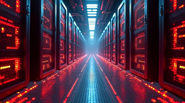 Modern data center interior with black server racks housing computer network infrastructure symbolizing data storage, hardware security, and internet hosting in a high-tech environment. AI Generative