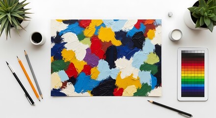 Inspiring creative process with vibrant abstract art, coffee, and digital color palette inspiration