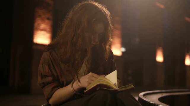  Traveler Writes Travel Notes In A Notebook sketchbook and creativity, Cinematic, Night View Teenager Girl Scottish red ginger hair
