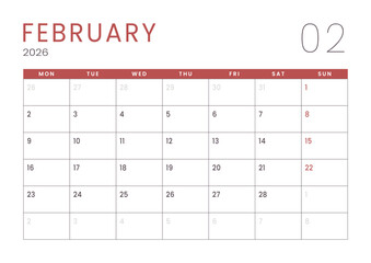 Monthly page Calendar Planner Template design of February 2026. Vector layout of calendar with week start Monday for Scheduling. Page for size A4 or 21x29.7 cm