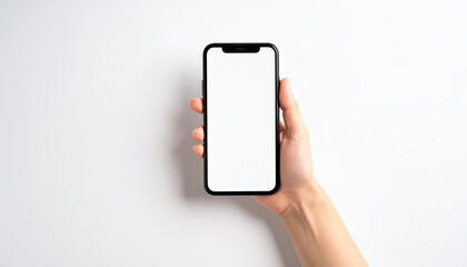 A woman's right hand holding a smartphone on a white background