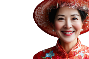 Happy Chinese woman smiling in traditional red attire with a decorative hat, showcasing cultural heritage and joy in a close up portrait
