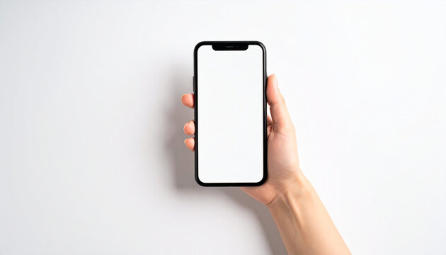 A woman's right hand holding a smartphone on a white background