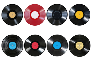 Collection of vibrant vinyl records in various colors arranged in a grid showcasing their unique designs and hues