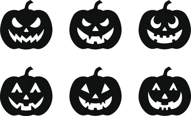 Scary Halloween Pumpkin Silhouette Collection, Evil Jack O Lantern Faces Vector