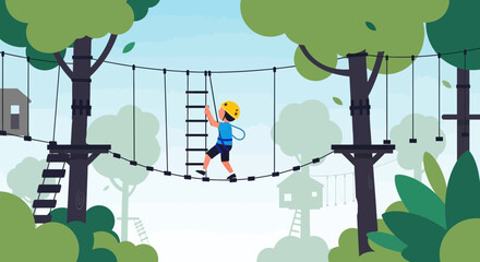 Boy Enjoying An Adventure Park Ropes Course Experience In The Forest