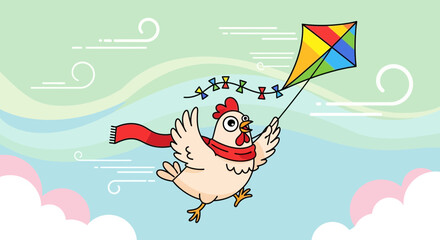 Fototapeta premium Cartoon chicken flying a colorful kite in a whimsical sky with clouds and wind currents