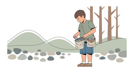 Boy Gathering Smooth Stones In Nature With Hills And Trees Background