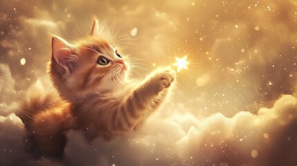 A kitten made of soft, fluffy clouds, batting at a tiny, glowing star, heavenly, dream-like lighting.