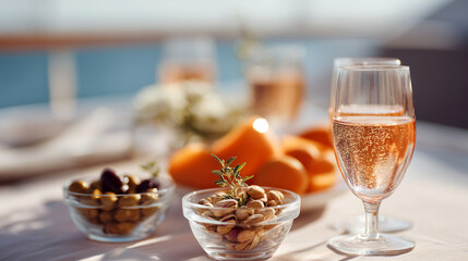Luxury yacht party with sparkling wine glass and gourmet appetizers on elegant deck. Premium boat celebration featuring nuts, olives and bubbly drinks during golden hour ocean cruise vacation.