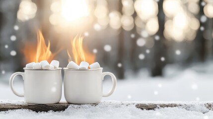 Two mugs with flaming marshmallows sit on a snowy surface, surrounded by softly falling snowflakes and a warm, glowing background.