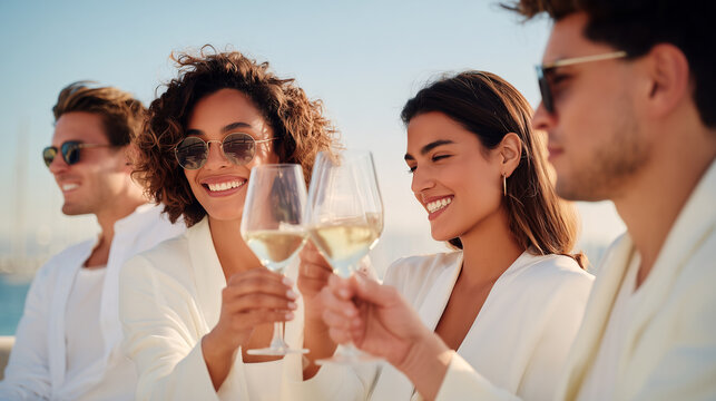 Elegant yacht party with friends in white outfits toasting wine glasses. Luxury summer celebration on boat with happy people enjoying sophisticated lifestyle. Premium vacation sailing experience.
