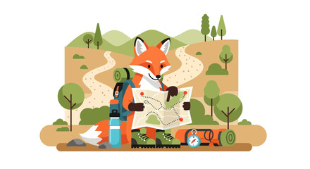 Fototapeta premium Cartoon fox explores the wilderness with a map and hiking gear ready for adventure